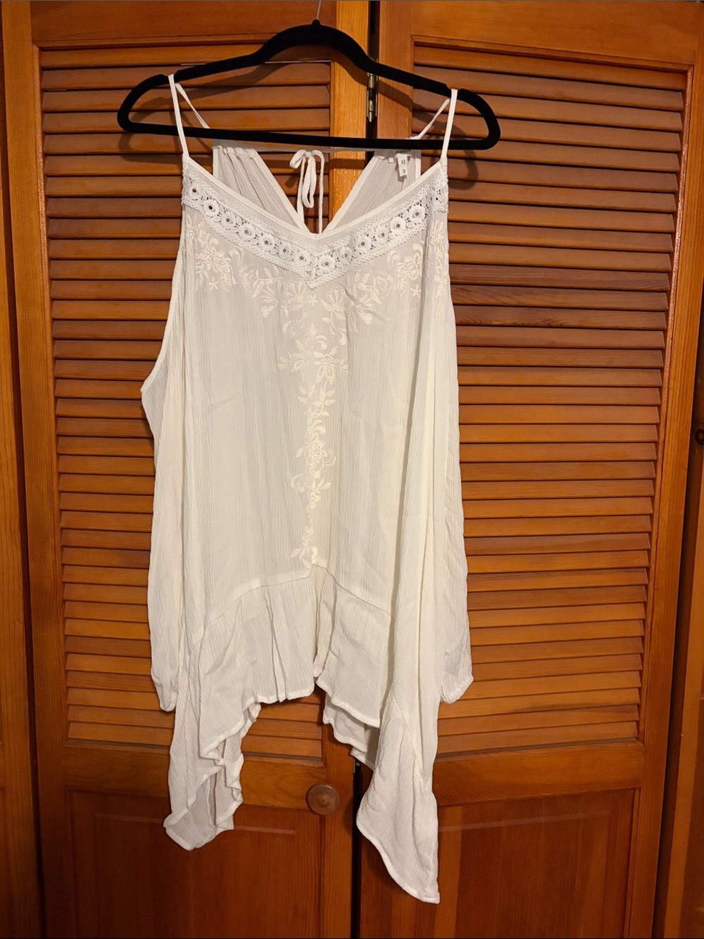 Maurices White Embroidered Crochet-Trim Spaghetti Strap Top